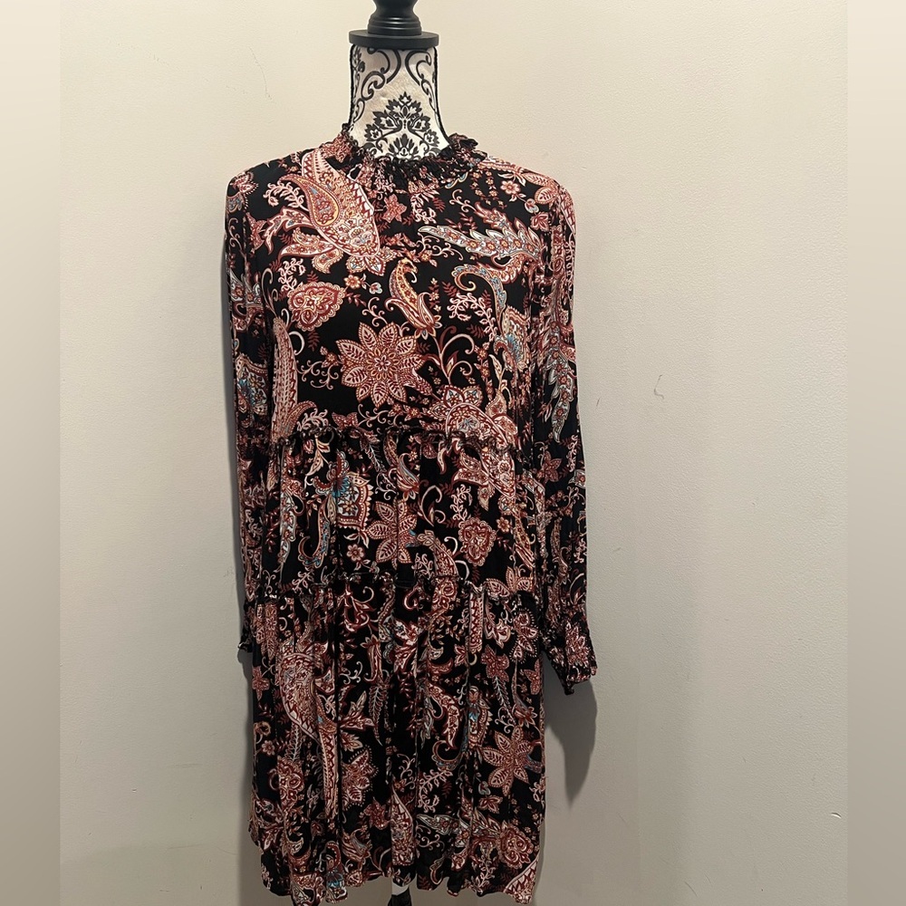Anthropologie Black and Pink Paisley Long Sleeve Dress